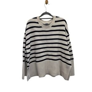 GAP Womens Large Striped Cotton Sweater Cream Black Crewneck Pullover Oversized